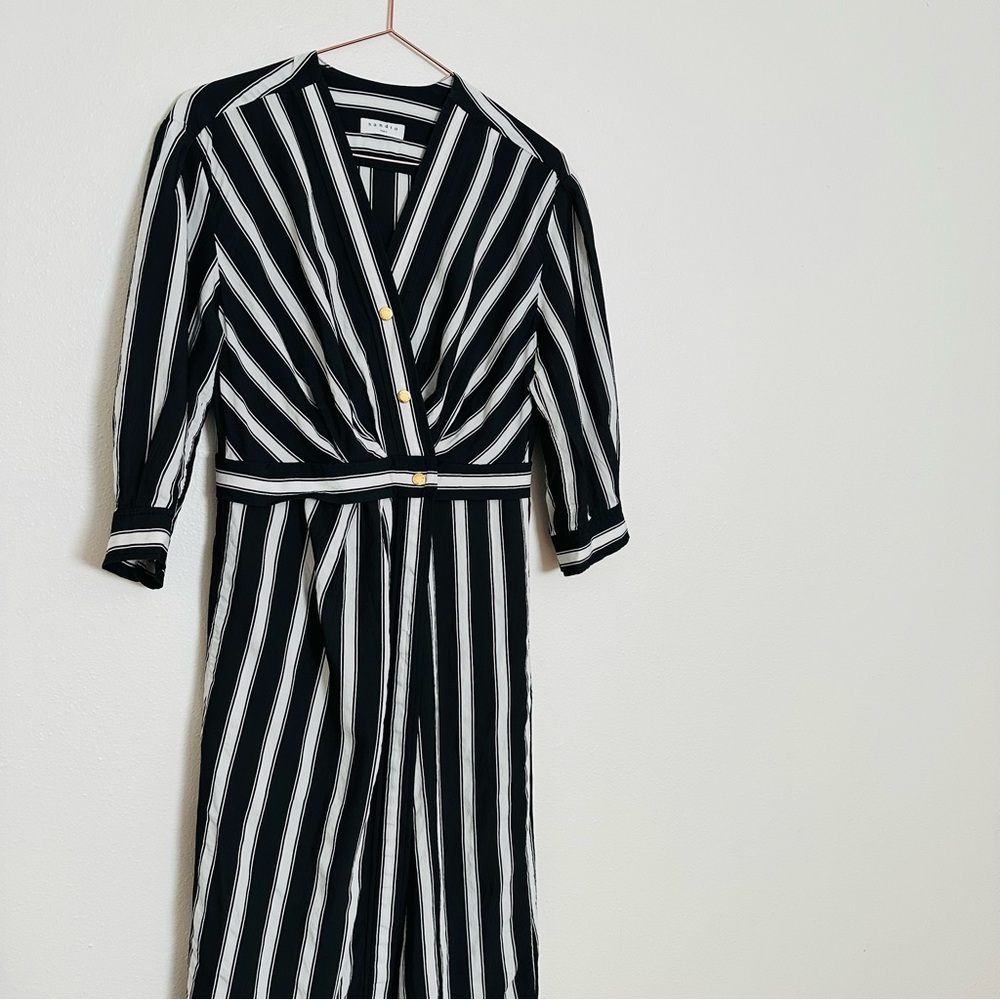 Sandro Carl Black and White Wrap Striped 3/4 Sleeve Midi Dress - Picture 10 of 15